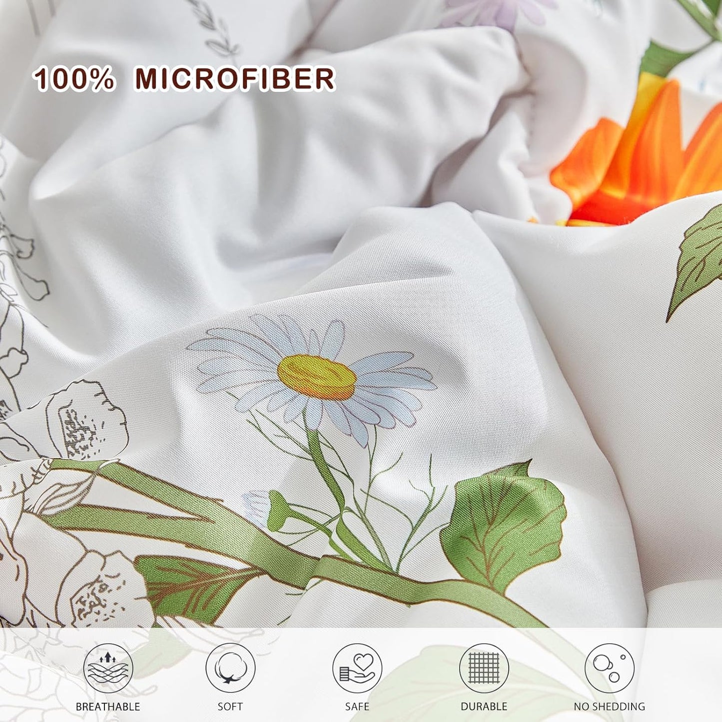 7 Piece Bed in a Bag King, Floral Comforter Sheet Set, Orange n Yellow Flowers on White Design, All Season Microfiber Bedding Comforter Set