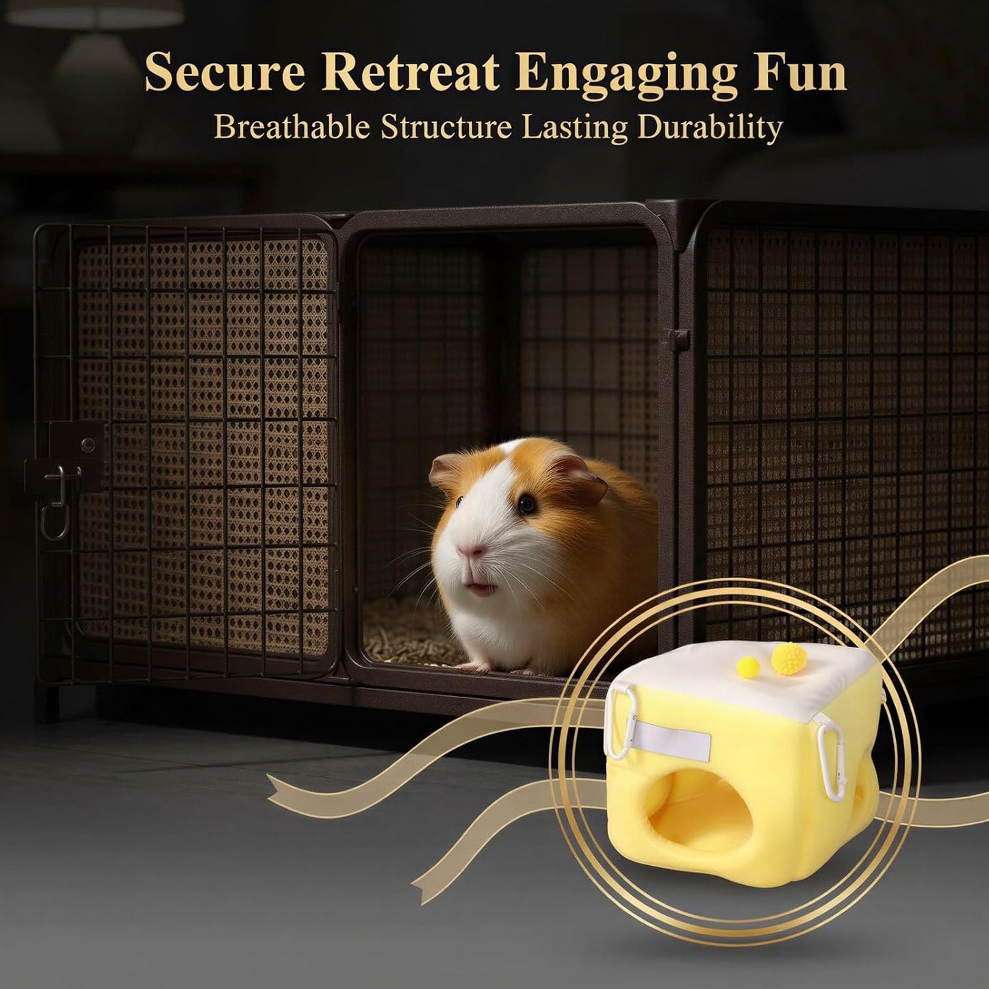 Hamster Cave Bed with Tunnel, Hangable, Crystal Comfort Polyester, Warm Small Animal Hideout, Breathable Plush Habitat for Guinea Pig, Chinchilla, Ferret, Gerbil, Yellow, White