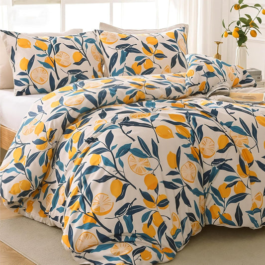 Lemon Blossom Bed in a Bag King 7 Pieces, King Comforter Set Reversible Botanical Flowers Design, Ultra Soft & Breathable Bedding Sets with Comforter, Sheets, Pillowcases & Shams