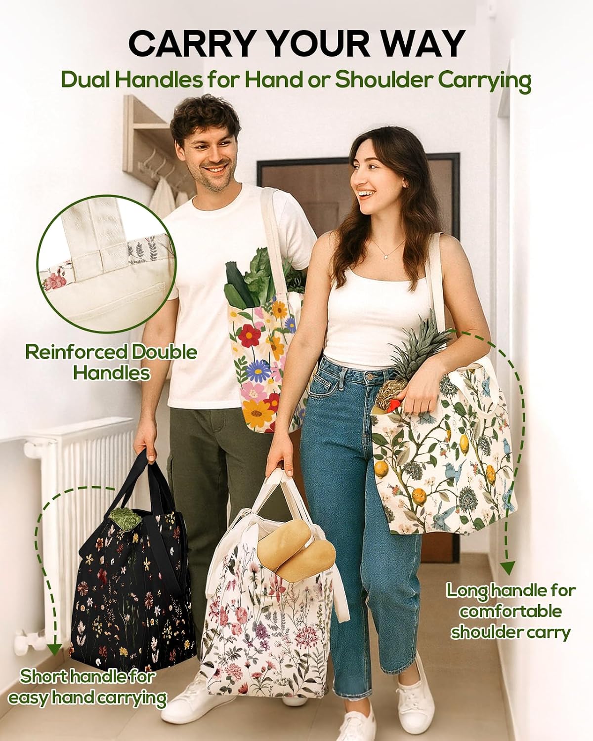 Extra Large Canvas Grocery Tote Bag | Inner Pockets, Double Handle Straps, Reusable Washable Foldable Shopping Shoulder Bag