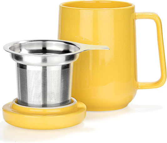 Peak Ceramic Yellow Tea Cup Infuser - 19-ounce - Large Tea High-Fired Ceramic Mug with Lid and Stainless Steel Infuser - Tea-For-One Perfect Set for Office and Home Uses - 580 milliliter