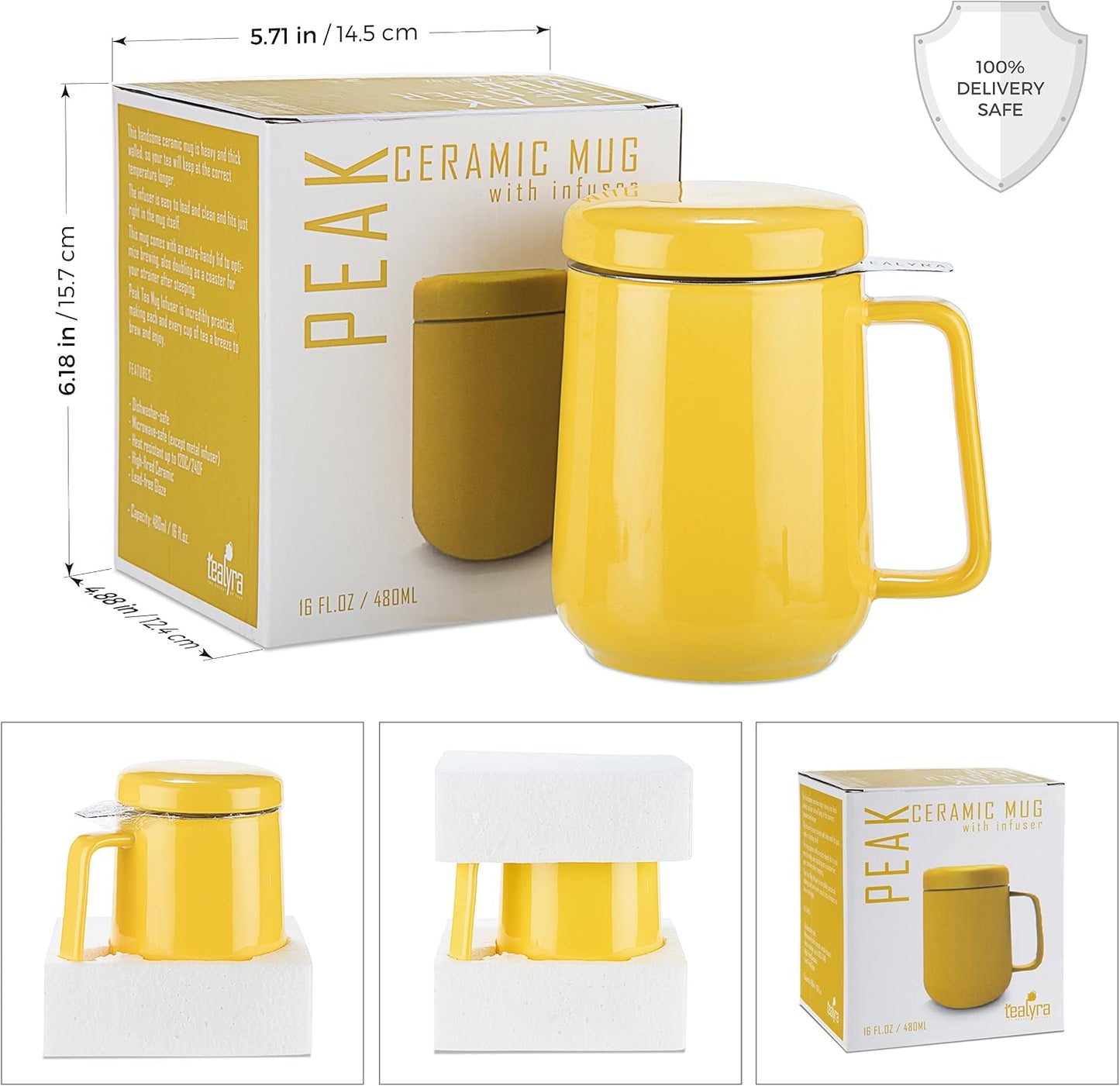 Peak Ceramic Yellow Tea Cup Infuser - 19-ounce - Large Tea High-Fired Ceramic Mug with Lid and Stainless Steel Infuser - Tea-For-One Perfect Set for Office and Home Uses - 580 milliliter