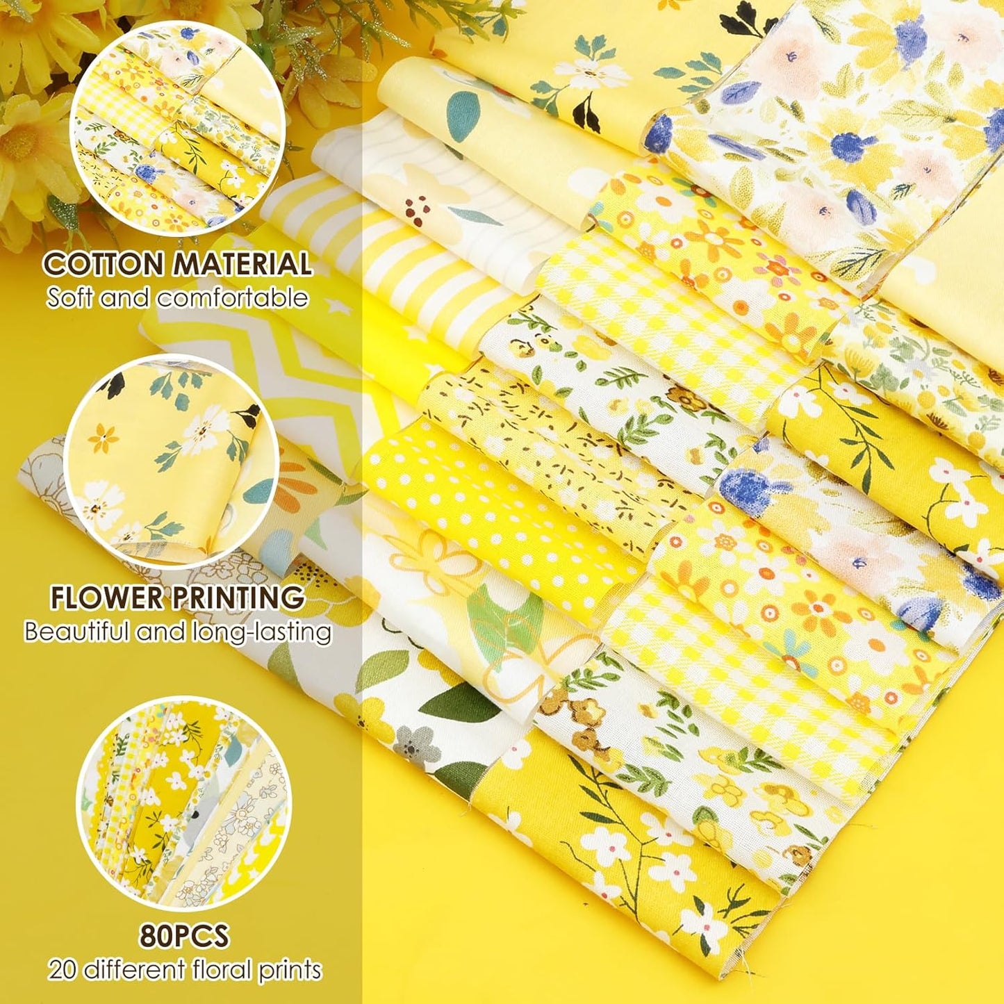 80Pcs Jelly Roll Fabric Strips for Quilting, 2.5" x 20" Pre Cut Strips, Printed Cotton Fabric Bundles, Fine Cloth Quilts Strip, Floral Patchwork Craft Sewing Supplies for DIY (Yellow)