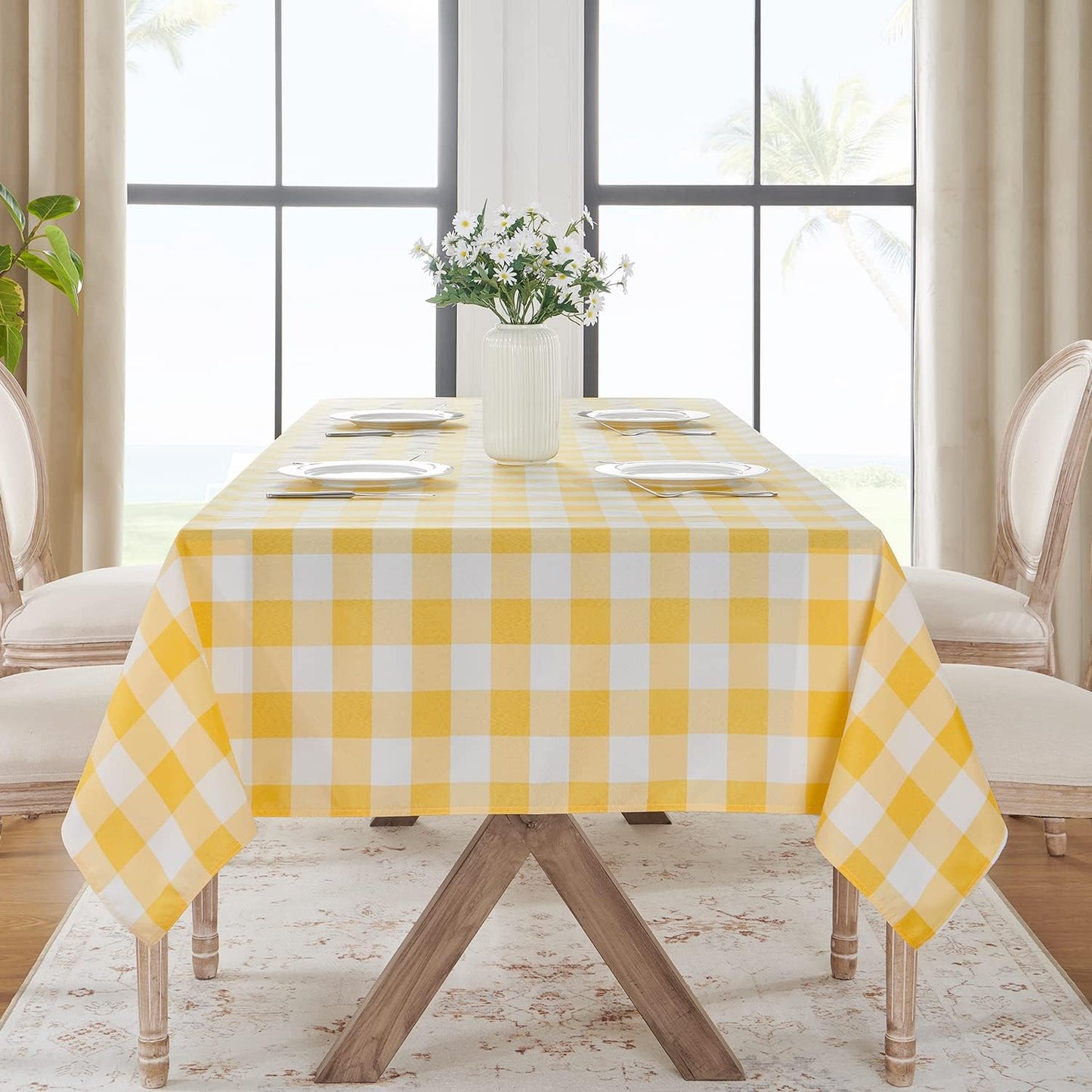 Gingham Checkered Tablecloth Rectangle - Outdoor Waterproof Buffalo Plaid Table Cloth, Stain Resistant Washable Table Cover for Picnic, Camping, Dining - Yellow and White, 54 x 78 Inch