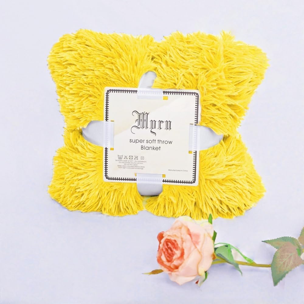Luxury Shaggy Throw Blanket, Long Pile Plush, Bright Yellow, Soft Decorative Throw for Couch Bed,Gift for Women (63"x79",Bright Yellow)