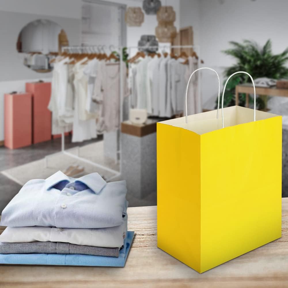 50 Pack 8x4.75x10 Inch Medium Yellow Kraft Paper Bags with Handles Bulk for Birthday Wedding Party Favors Grocery Retail Shopping Takeout Business Goody Craft Gift Bags Sacks, (50pcs Count)