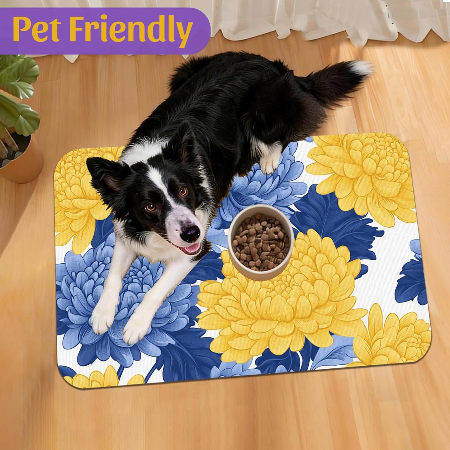 Blue Yellow Flowers Pet Feeding Mat, Quick Dry Absorbent Water Bowl Mat for Dogs and Cats, Anti-Slip Bottom, Indoor Use – 16x24 Inch