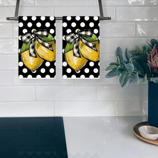 Summer Kitchen Towels 18x26 Inch Set of 2 Lemon Dots Dish Towels Farmhouse Seasonal Decorative Hand Cloths for Kitchen Decoration Black