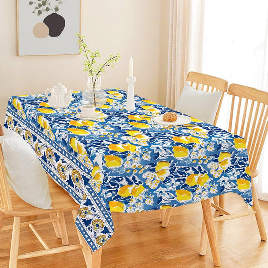 Summer Lemon Tablecloth 60 x 104 Inch Mediterranean Blue Yellow Lemon Table Cover Vintage Rectangle Table Cloth for Spring Kitchen Dining Picnic