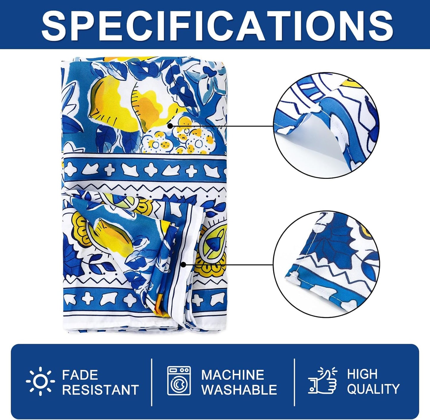 Summer Lemon Tablecloth 60 x 104 Inch Mediterranean Blue Yellow Lemon Table Cover Vintage Rectangle Table Cloth for Spring Kitchen Dining Picnic