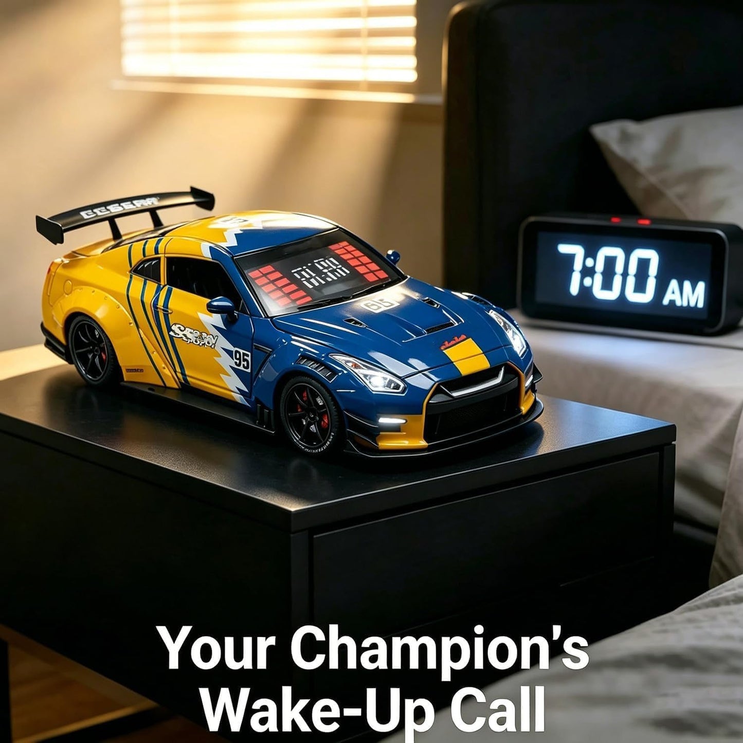 Sports Car Style Alarm Clock with LED Display & Digital Time, Pull-Back Toy Car with Light, Sound & Mist Effects, Modern Bedside & Desk Decor (Yellow and Blue)