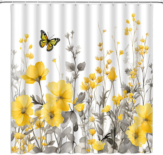 Yellow Flower Shower Curtain Rustic Farmhouse Watercolor Yellow Floral Butterfly Gray Leaves Modern Nature Plant Vintage Bathroom Decor Fabric Bathroom Sets with Hooks