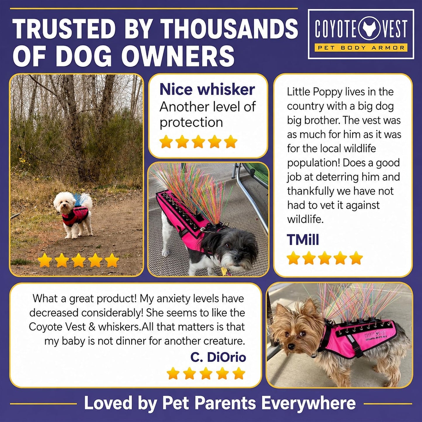 Coyotewhiskers Protective Nylon Dog Harness Bristles, Yellow | Nylon Bristles for or Spikevest Help Deter Coyotes, Aggressive Dogs and Birds of Prey Dog Accessory Made in USA