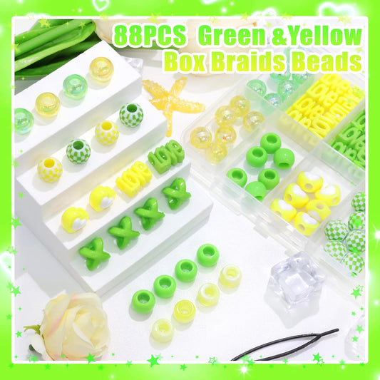 88PCS Green Yellow Hair Beads for Braids Assorted Beads for Hair | Cute Braids Bead,10 Styles Beads for Hair,Acrylic Round Pony Beads,Cute Girls Hair Beads,Loc Dreadlock Accessories for Girls