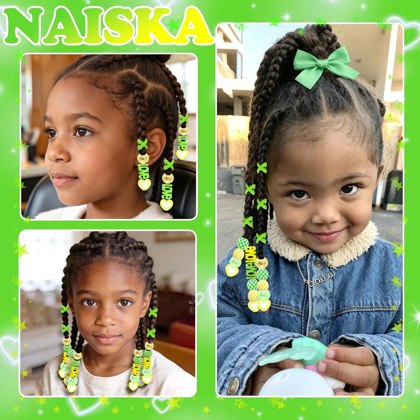 88PCS Green Yellow Hair Beads for Braids Assorted Beads for Hair | Cute Braids Bead,10 Styles Beads for Hair,Acrylic Round Pony Beads,Cute Girls Hair Beads,Loc Dreadlock Accessories for Girls
