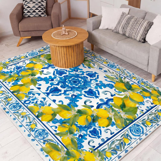 Summer Lemon Area Rugs 5x7 Feet Blue Area Rugs Middle Century Italian Textured Carpet Yellow Home Decoration Non Slip Washable Mat for Living Room Entryway Bedroom Laundry Room Indoor Kitchen