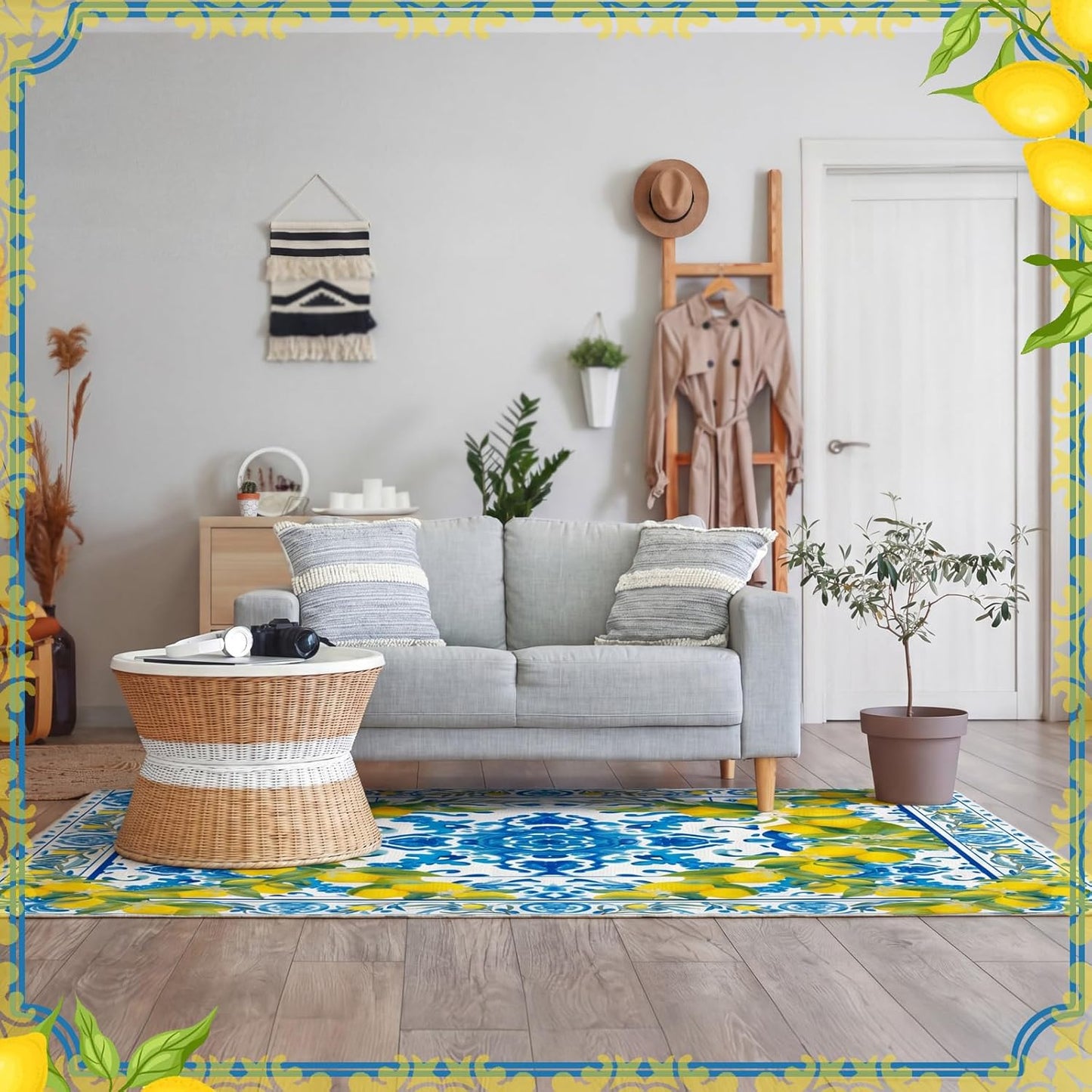 Summer Lemon Area Rugs 5x7 Feet Blue Area Rugs Middle Century Italian Textured Carpet Yellow Home Decoration Non Slip Washable Mat for Living Room Entryway Bedroom Laundry Room Indoor Kitchen