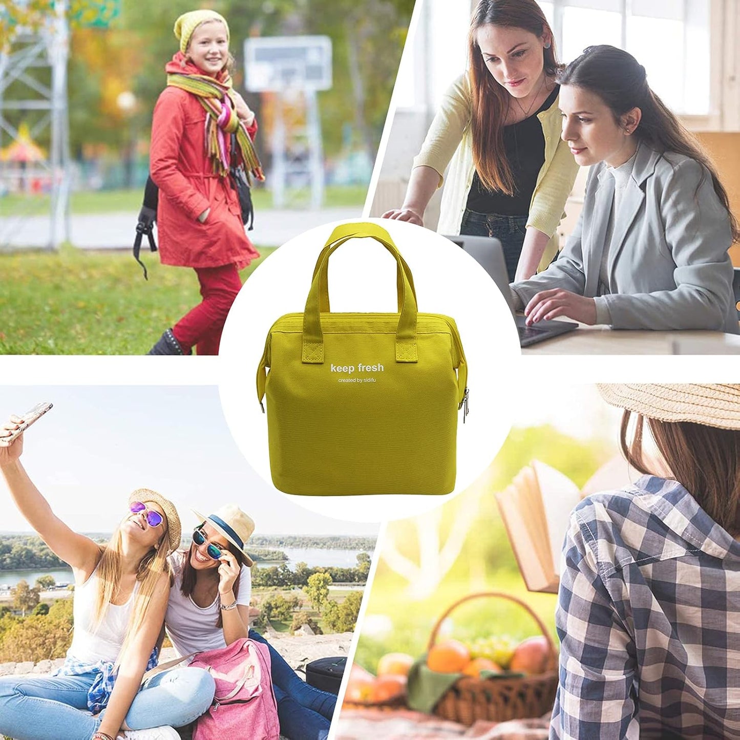 Insulated Lunch Bag Simple Bento Cooler Bag Lunch Tote Bag for Lunch Box for Women Men Adult Picnic Working Hiking Beach (Yellow)