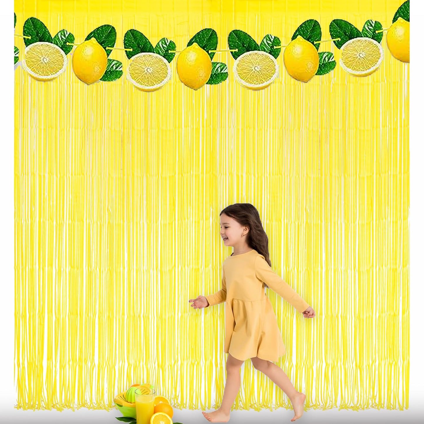 Yellow Streamers Party Backdrop - Foil Fringe for Pineapple/Lemon/Truck/Race Birthdays Party Decoration - 3.2ft X 8.2ft - 2 Packs