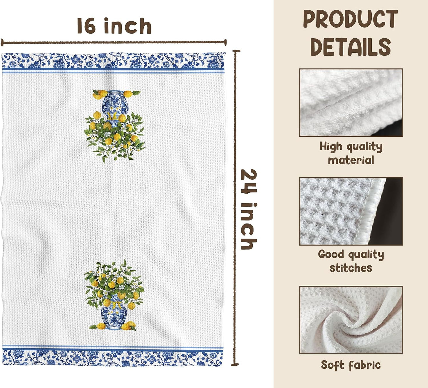 Blue and White Lemon Floral Kitchen Towels 16x24 Inch, Summer Mediterranean Lemon Dish Tea Towels for Kitchen, Chinoiserie Fruit Flower Decorative Hand Towel for Bathroom Decor, Set of 2