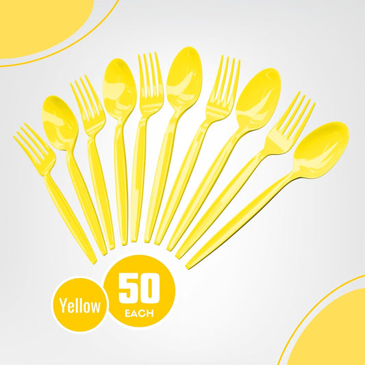 Yellow Plastic Spoon and Fork Set (50 Each) - Yellow Tableware for Parties, Lightweight Plasticware, Colored Cutleries, Plastic Utensils Set, Disposable Cutlery for Occasions