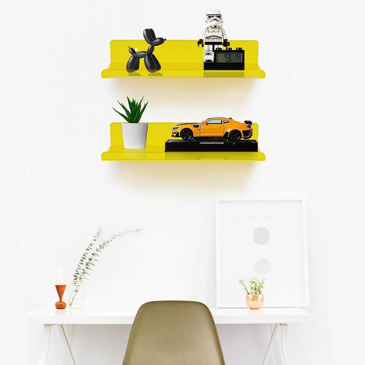 2-Pack Small Acrylic Shelves Wall Mounted, 12 in Display Shelves | for Small Items, Plants, Room Decor Floating Wall Shelves for Gaming Room, Bedroom, Living Room, Office, Yellow