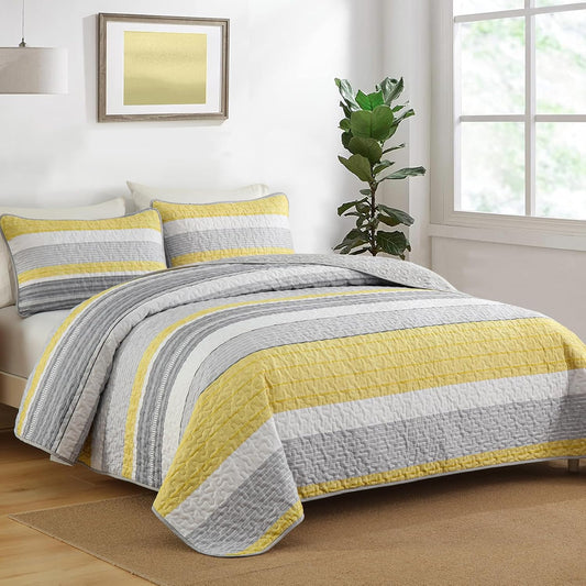 California King Size Quilt Set,3 Piece Fall Soft Lightweight Bedspreads Coverlet Set,Patchwork Striped Quilted Bedding Sets for All Season,Yellow Grey White Comforter Sets with 2 Pillow Shams 112"X96"