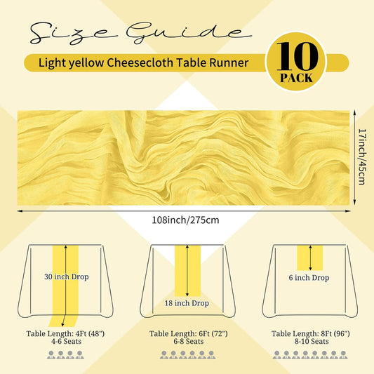 10 Pack Light Yellow Cheesecloth Table Runner 17x108 Inch Semi Sheer Boho Gauze Cheese Cloth Table Runners, for Wedding Bridal Shower Birthday Party Home Decor Garden Farmhouse