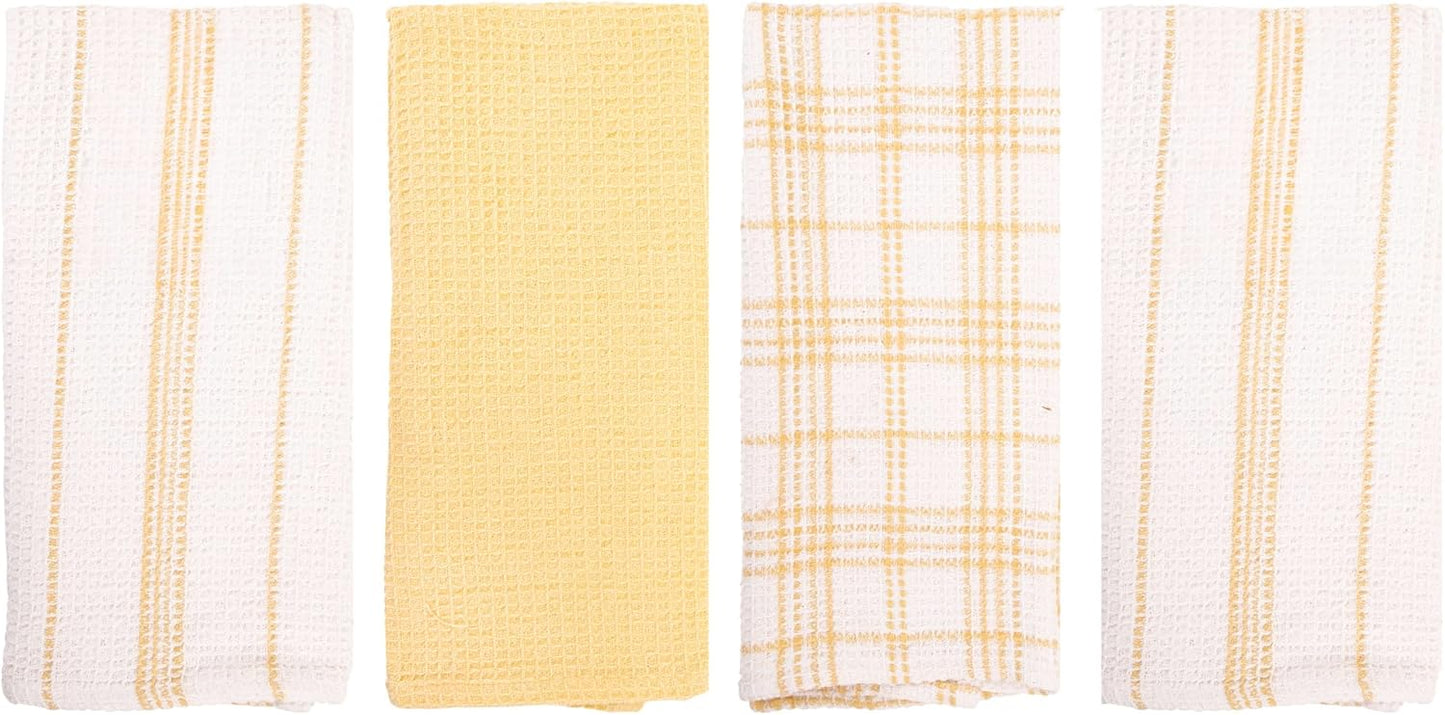 Kitchen Towels Set of 4 Dish Towels Yellow n White Waffle Weave Cotton Hand Towels, 18 x 28 Absorbent Kitchen Linens