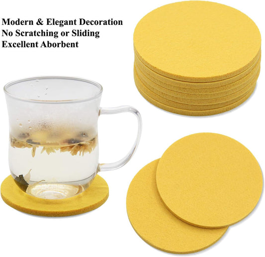 Set of 10 Felt Coaster Set with Holder, Table Coasters for Drinks, Absorbent & Protect Furniture & Table - Yellow