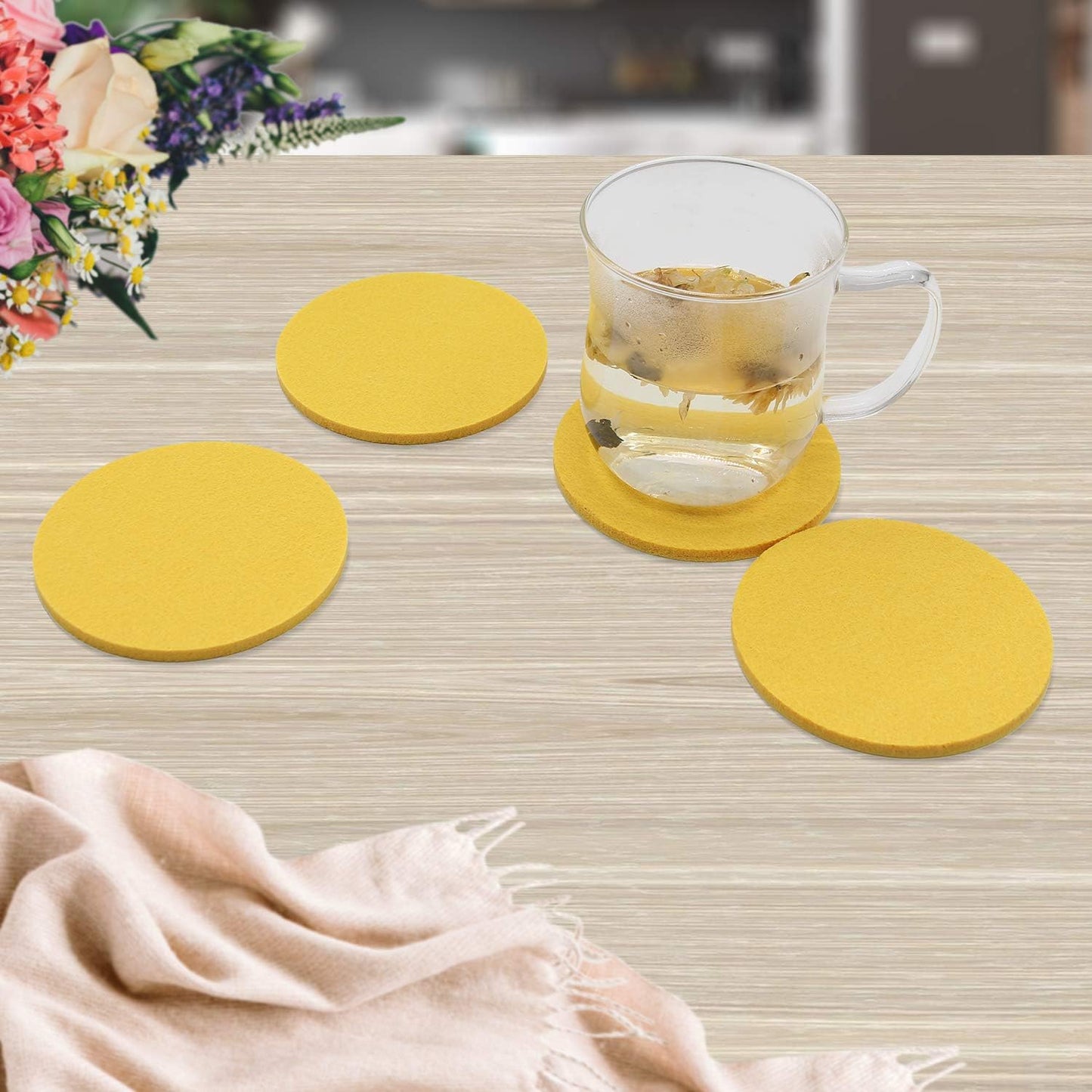 Set of 10 Felt Coaster Set with Holder, Table Coasters for Drinks, Absorbent & Protect Furniture & Table - Yellow