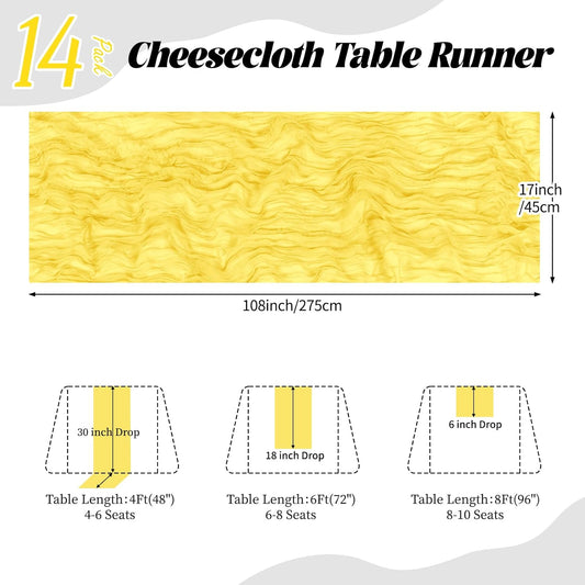 14 Pack Lemon Yellow Cheesecloth Table Runner 17x108 Inch Semi Sheer Boho Gauze Cheese Cloth Fabric Table Runners, for Wedding Party Baby Shower Birthday Home Decor Garden Farmhouse