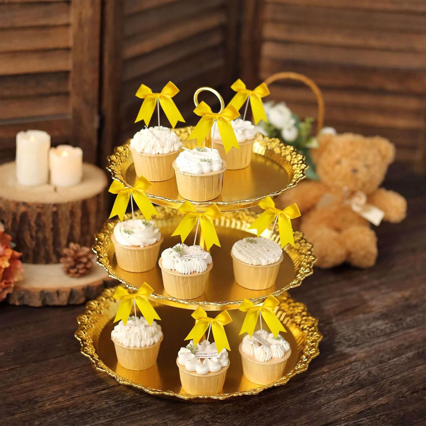 24Pcs Yellow Bow Cupcake Toppers Bow Cake Topper Birthday Decorations Mini Bowknot Cupcake Picks for Coquette Theme Party Decoration Bachelorette Bridal Engagement Wedding Party Yellow