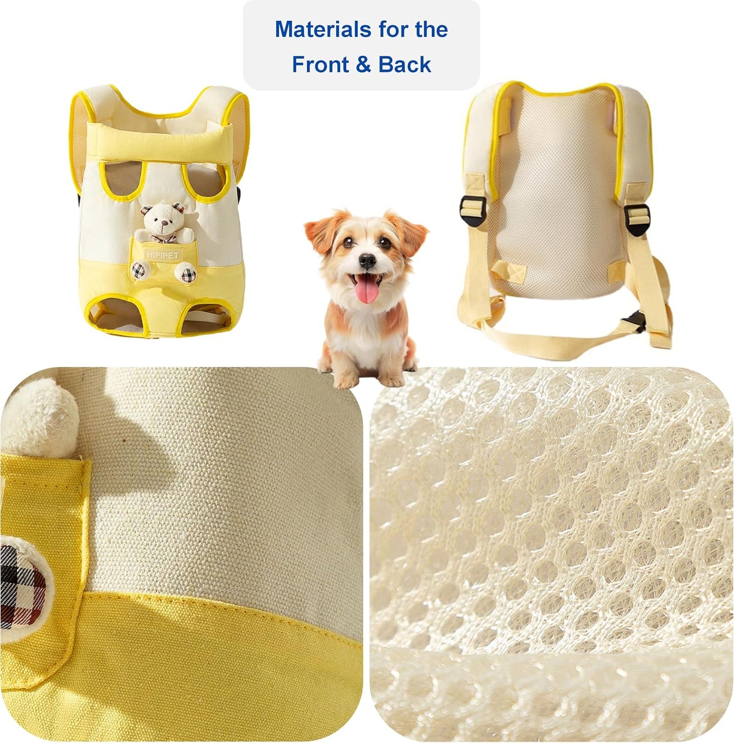 Cartoon Dog Front Carrier Backpack Legs Out Bear Pet Travel Sling Bag Adjustable Shoulder Straps Safety Leash Breathable Canvas Mesh (Yellow, Medium)