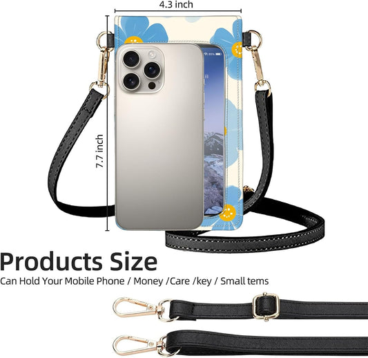 Crossbody Phone Case, Blue Flowers with Yellow Centers RFID Blocking Crossbody Bag with Card Slots & Phone Holder, Waterproof Anti-Theft Touch Screen Phone Purse for Women