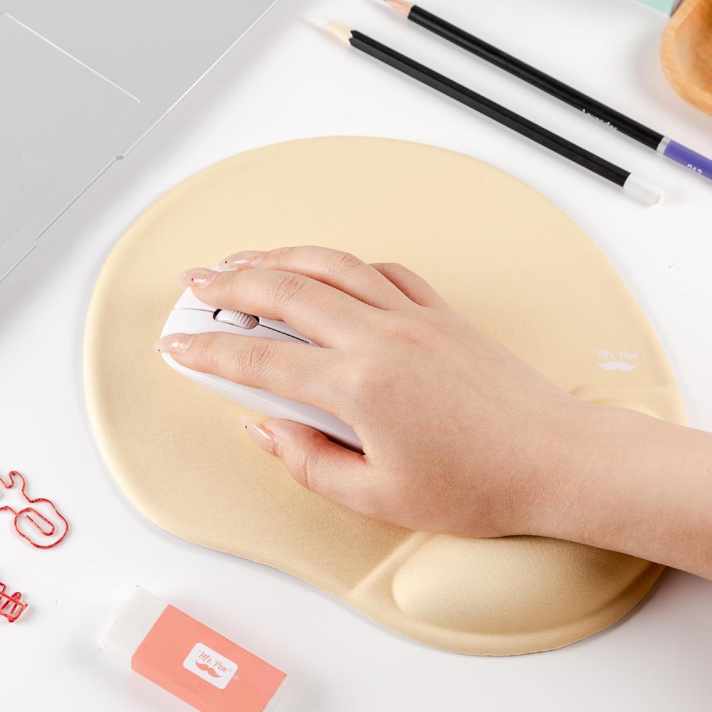 Ergonomic Mouse Pad with Wrist Rest | Yellow Breathable Fabric with Memory Foam Cushion, Non-Slip Rubber Base, Gel Mouse Pad with Wrist Support