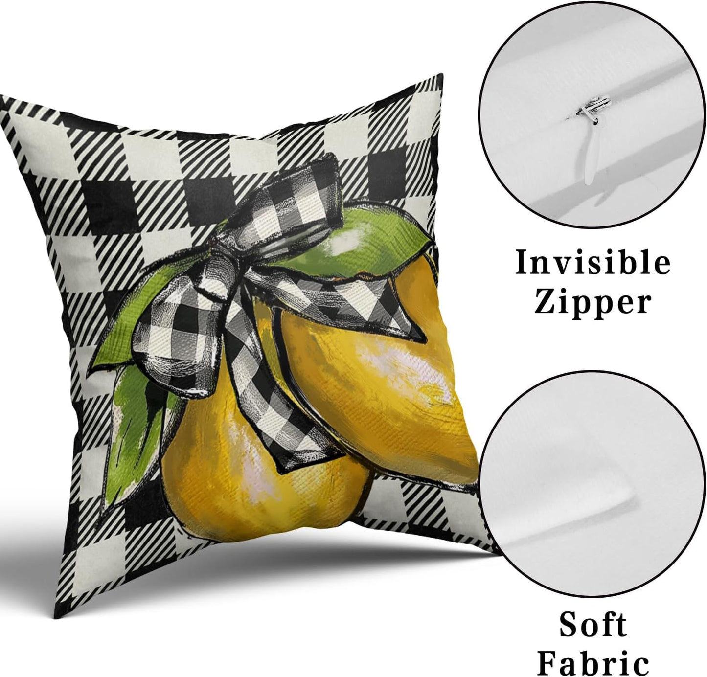 18"x18" Lemon Pillow Cover Set of 2 Summer Yellow Lime Bowknot Checkered Cotton Throw Pillowcases Buffalo Plaid Soft Square Double Sided Cuchion Covers for Couch Sofa Indoor Decoration