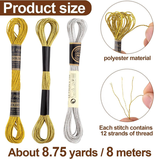 3 Skeins Metallic Embroidery Floss, Glitter Embroidery Thread String, Polyester Cross-Stitch Threads for Hand Embroidery, String Art, DIY Bracelet- Gold & Silver & Yellow