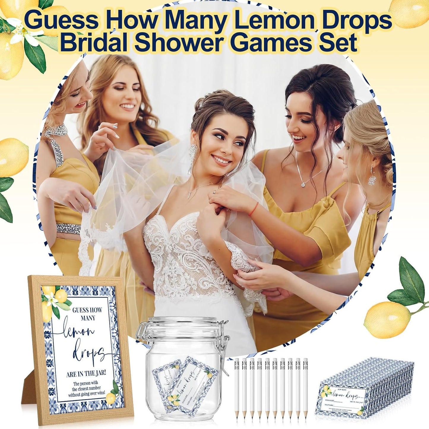 114 Pcs Capri Lemon Guess How Many Lemon Drops Bridal Shower Games Amalfi Coast Italian Wedding with Wooden Photo Frame Riddle Cards Plastic Jar HB Pencils for Bridal Wedding Shower Favors