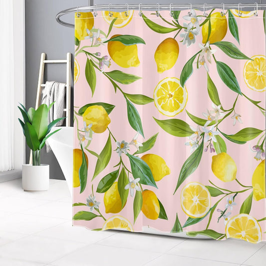 Nature Plant Fruit Shower Curtain for Bathroom Yellow Lemon with White Flower Green Leaf on Pink Bathroom Shower Curtains with Hooks, Country Bathroom Curtains Shower Set 72x72 inch