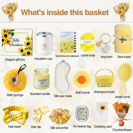 Sunflower Birthday Gifts for Women Self Care Gift - 18Pcs Get Well Soon Sympathy Gift Basket Sending Sunshine Unique Spa Gifts Box for Women Care Package, Mothers Day Gifts for Mom Wife Sister Friends