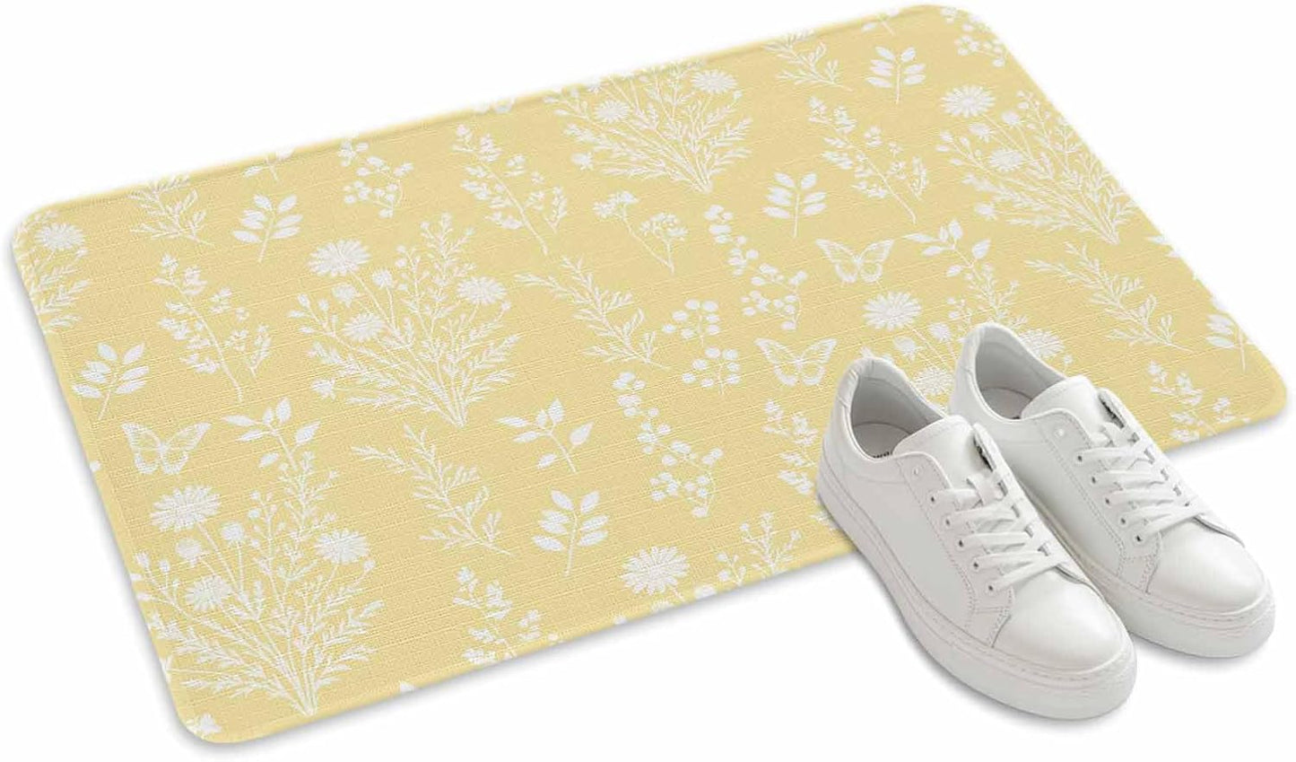 Light Yellow Botanical Door Mat Indoor Outdoor, Spring Summer Chic Wildflowers Non Slip Welcome Mat with Rubber Backing, Absorbent Fabric Front Door Mats Entryway Rug for Home Patio Entrance 16"x24"