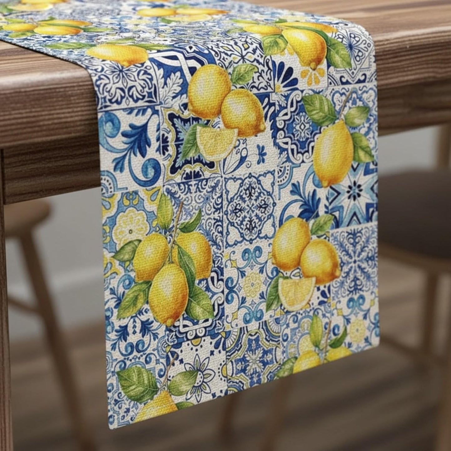 Lemon Table Runner, 13 x 72 inches Blue and Yellow Summer Fruit Kitchen Dining Table Decoration Italian Lemons Table Cover for Indoor Outdoor Home Party Supplies