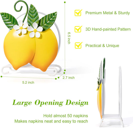 Lemon Napkin Holder for Table - Tissue Holder for Spring Home Decor, Vintage Home Yellow Kitchen Counter Decor and Accessories, Lemon Housewarming Gifts for Women, 3D Handmade Pattern, Metal