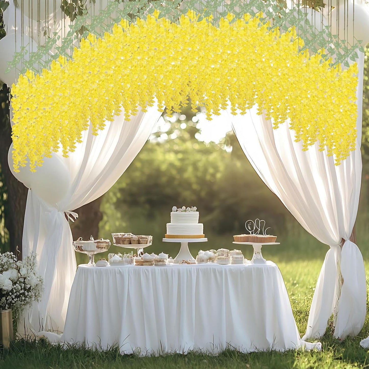 6Pcs Yellow Wisteria Hanging Flowers 48" Silk Wisteria Artificial Flowers Garland Vines Fake Hanging Flowers Decoration for Wedding Flower Wall Backdrop Centerpieces Party Room Decor (Yellow)