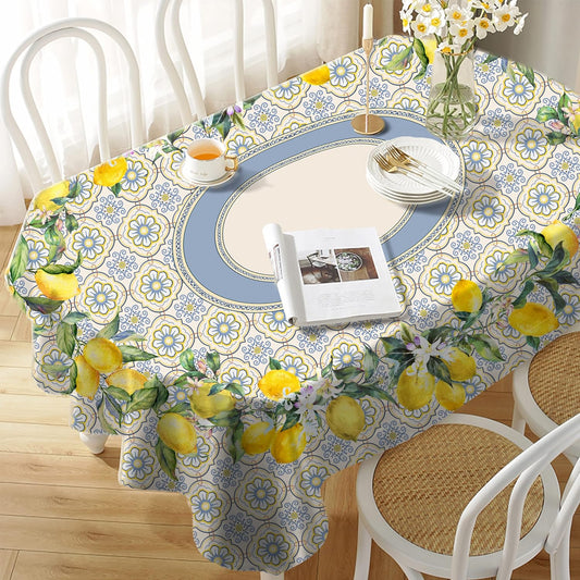 Yighty Oval Lemon Tablecloth 60x84inch, French Lemon Country Farmhouse Spring Summer Waterproof Wrinkle Resistant Washable Tablecloth for Indoor and Outdoor, Holiday Kitchen Restaurant and Party