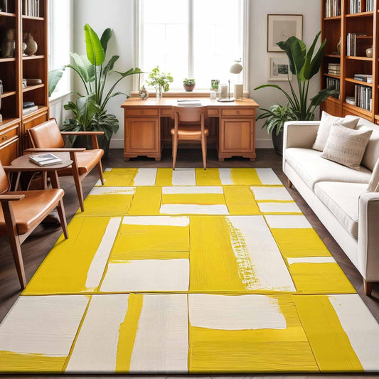 Abstract Art Area Rugs for Living Room 2.7x5ft Non-Slip Rectangle Carpet Modernism Yellow Color Block Washable Entryway Indoor Floor Mat Rugs for Bedroom Dining Room Office Home Decor