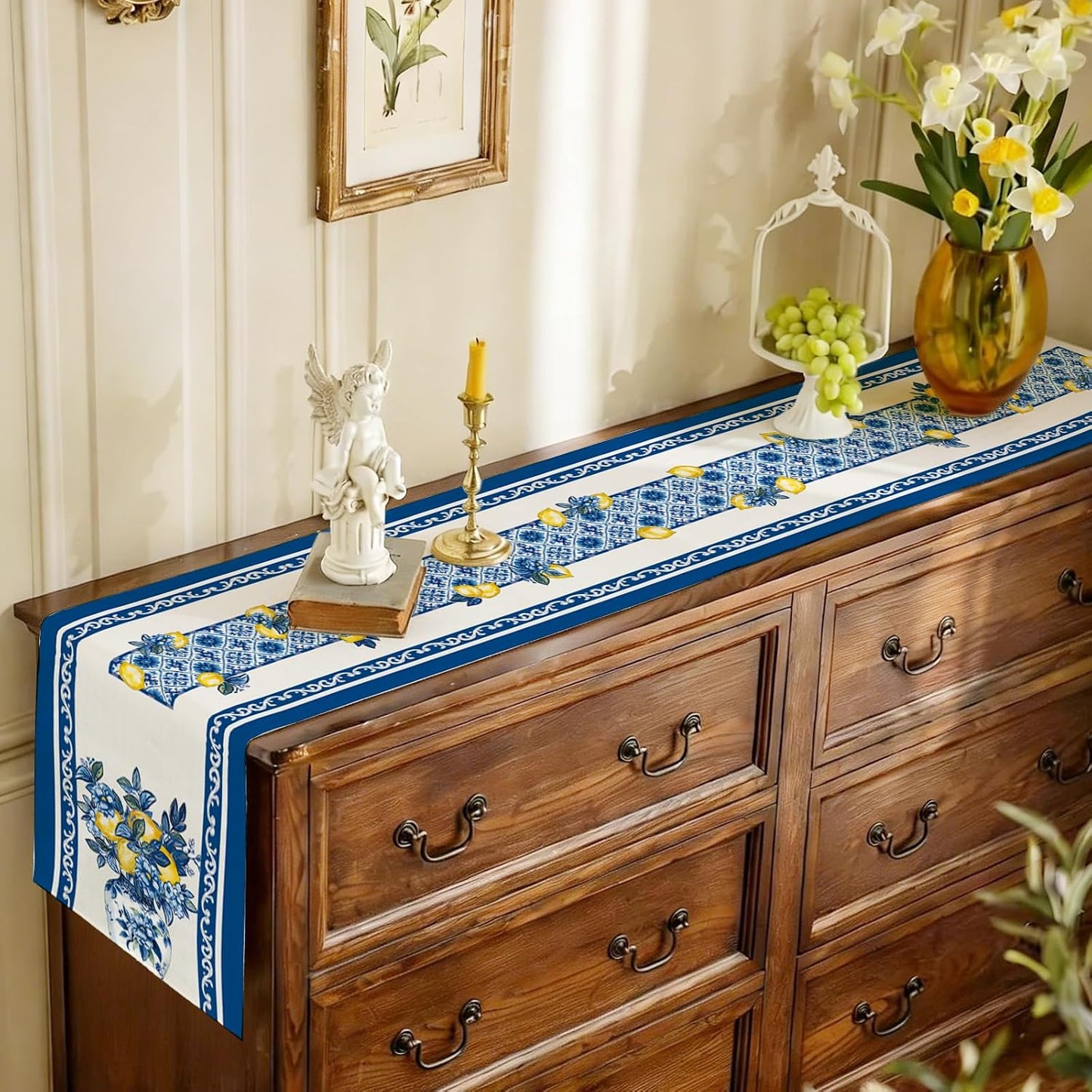 Summer Amalfi Coast Lemon Floral Table Runner Flowers Burlap Table Runners, Blue and White Chinoiserie Coffee Table Center Decor for Home Kitchen Dining Party Indoor Outdoor 13x72 Inch