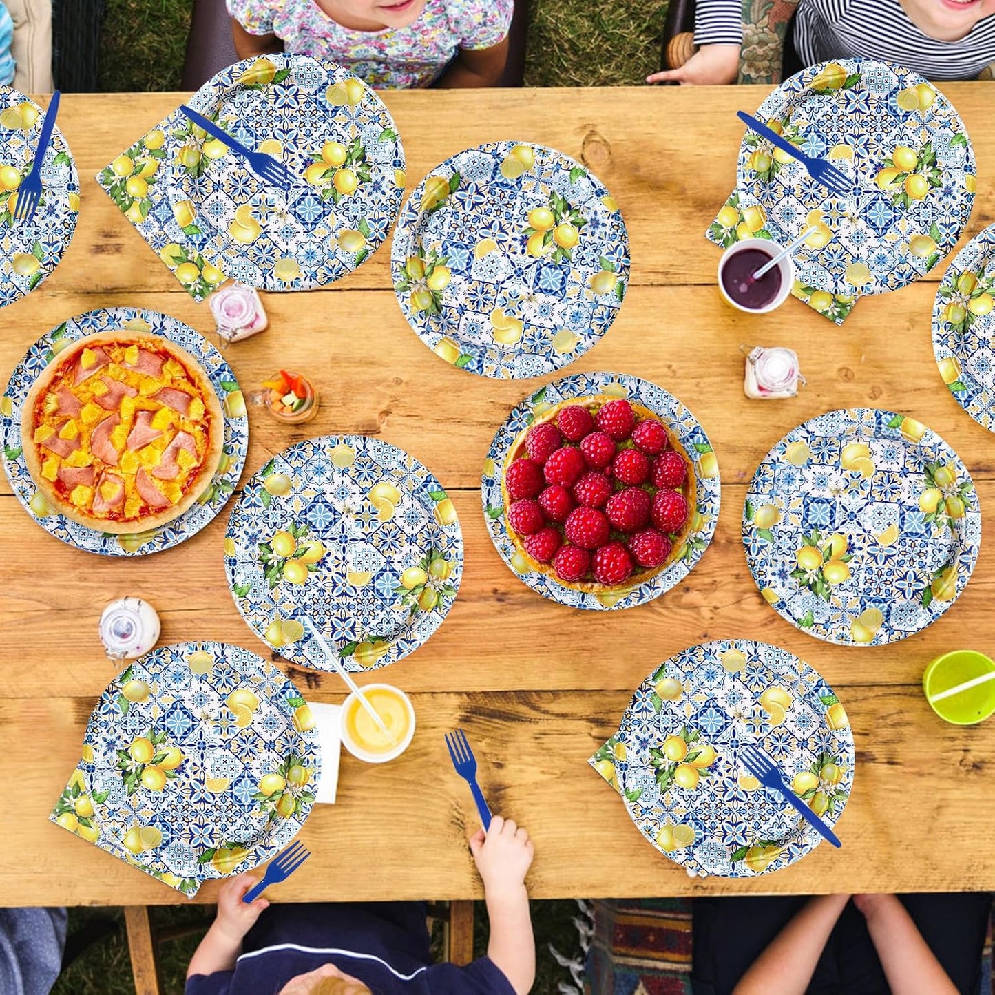 72Pcs Capri Lemon Party Decorations Blue Tiles Yellow Lemon Plates and Napkins Amalfi Coast Party Decorations for Summer Capri Lemon Coast Birthday Bridal Shower Party Supplies Serves 24