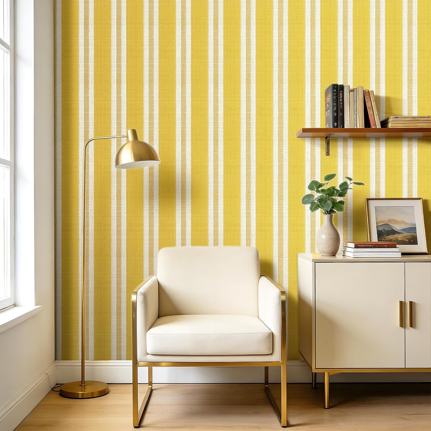 Yellow Striped Wallpaper Peel and Stick White Gold Stripe Wallpaper Self Adhesive Polka Dot Vinyl Stripes Bright Yellow Stripe Contact Paper for Drawers Walls Bathroom Removable 17.5x80